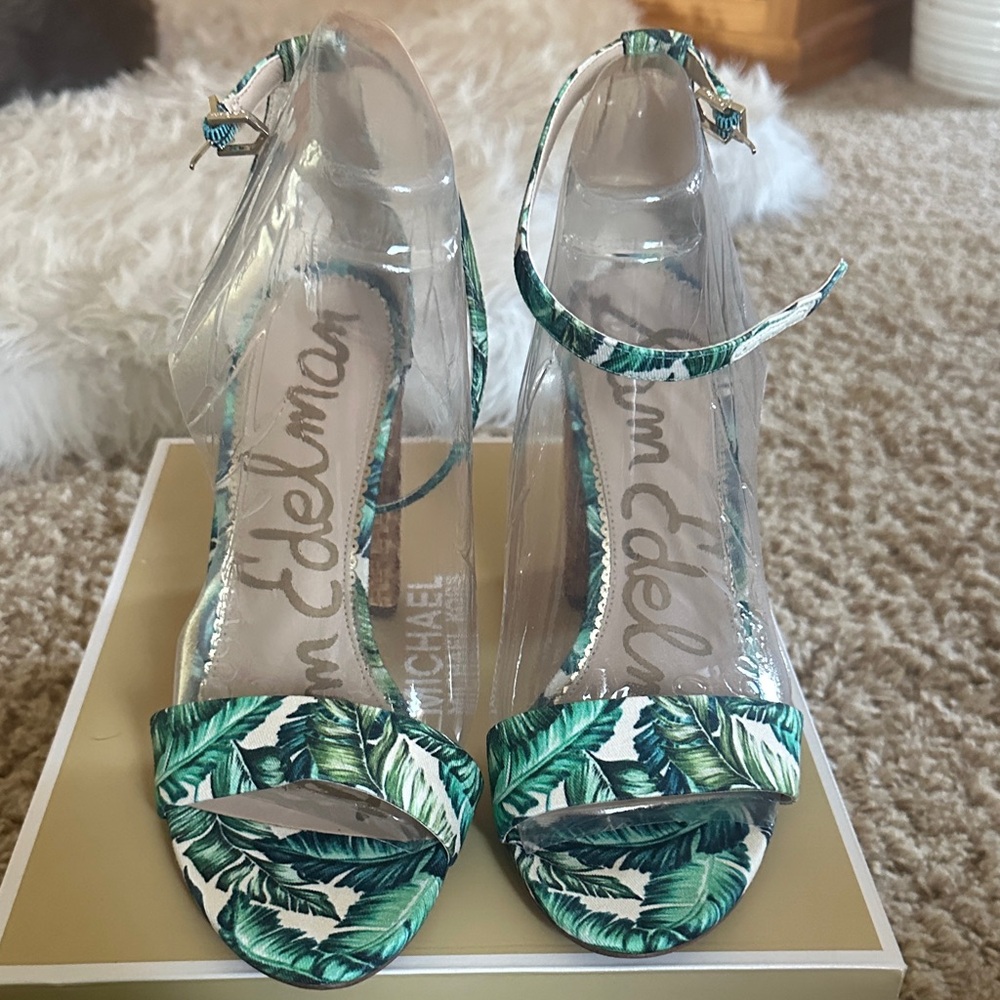 Sam Edelman Tropical Leaf Print Clear Heels